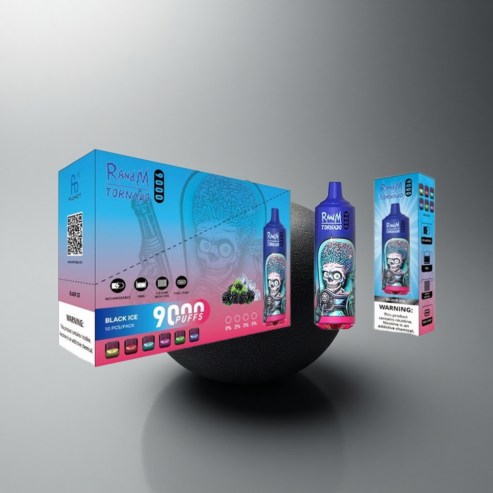 RandM Fumot Tornado 9000 Puffs Schwarz Eis 850 mAh Netzspule RGB