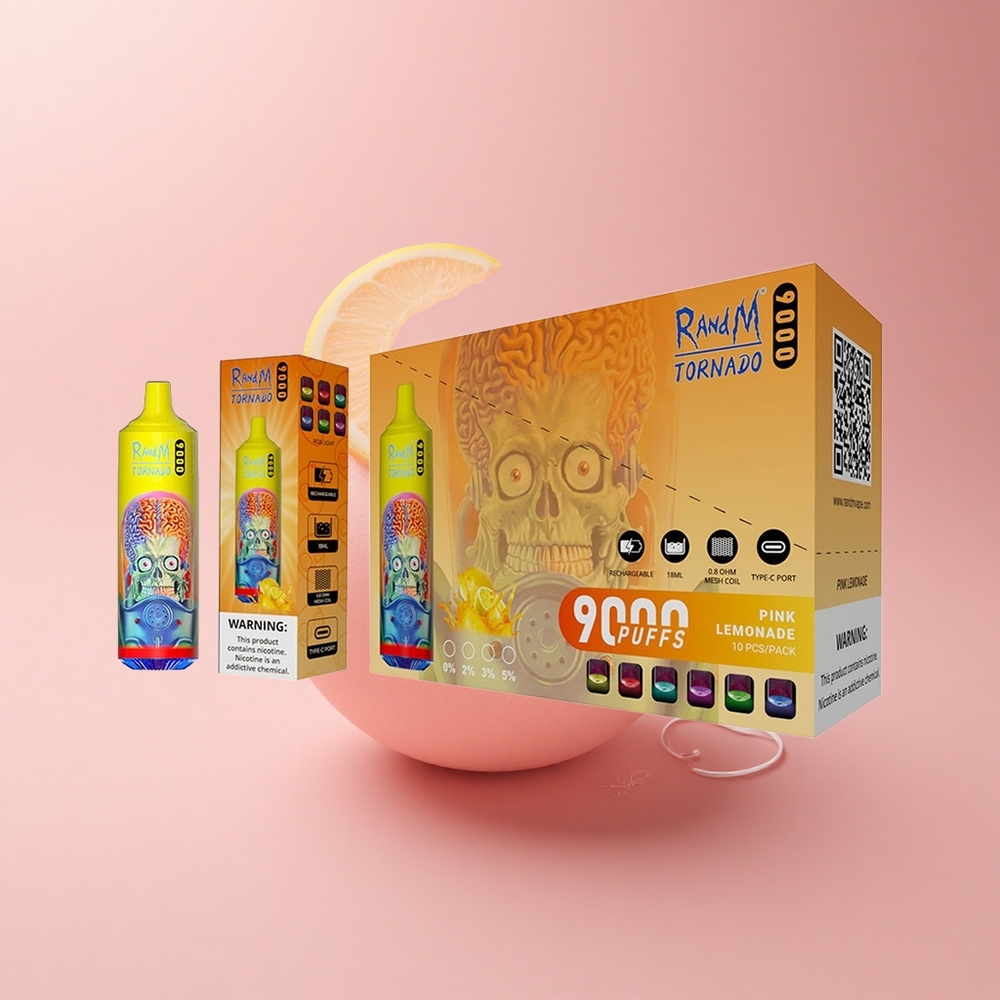 RandM Fumot Tornado 9000 Puffs Zitronenlimonade Rosa mit Mesh Coil und RGB Display